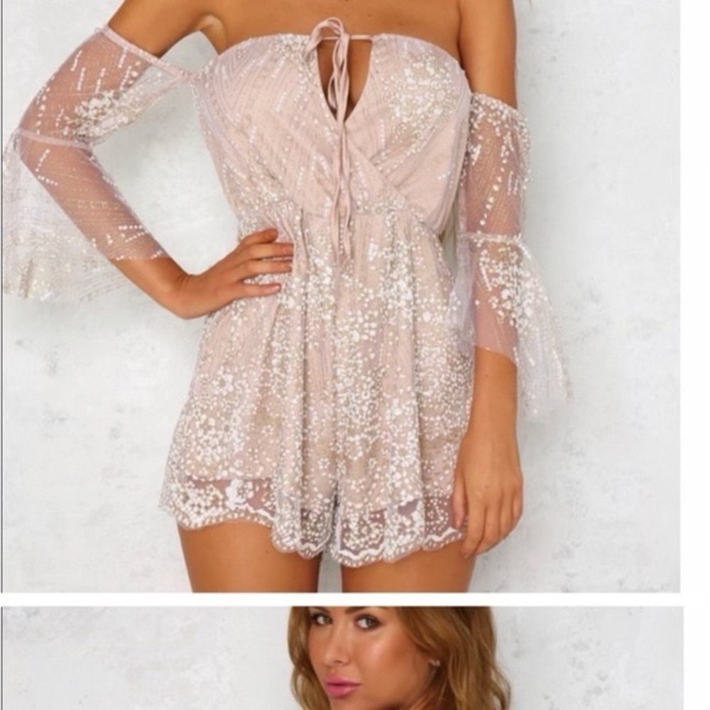 HELLOMOLLY Romper. Lovely Glittery Romper with off-the-shoulder Poet Sleeves.